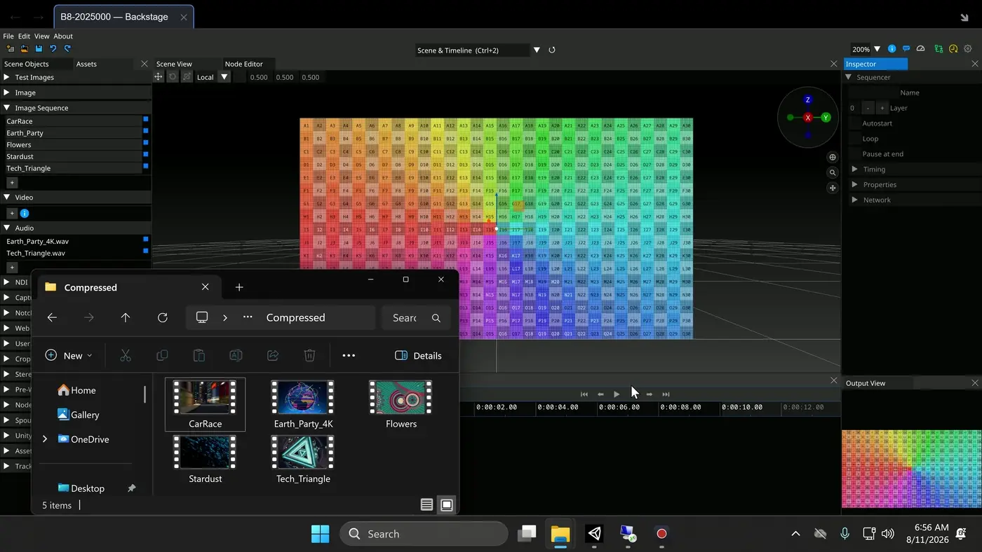 Importing media in Backstage: files brought in as assets, singly and as a batch, ready to place in a sequence.