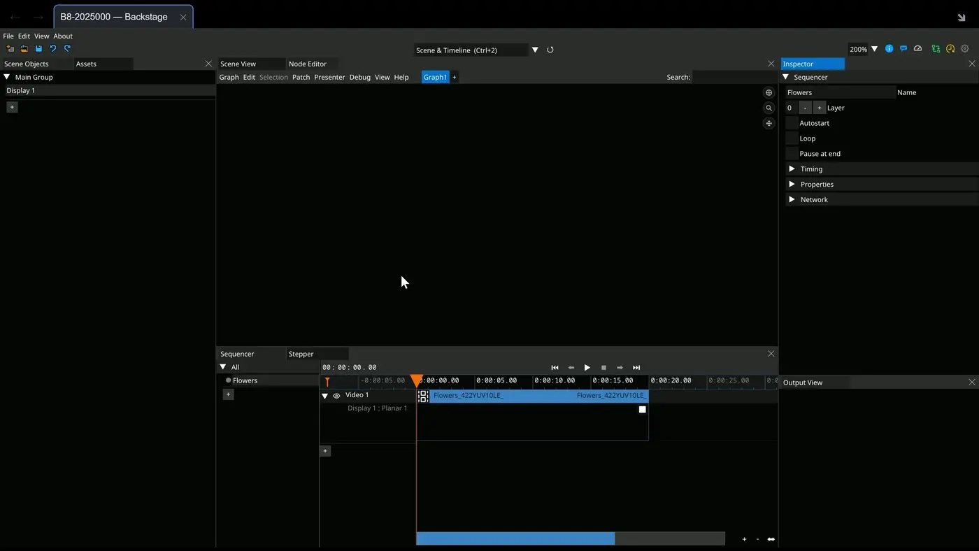 Show logic in the node editor: nodes placed and wired into a graph, driving a sequence and answering a control message.