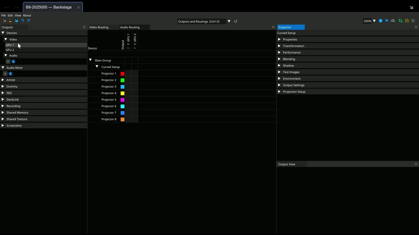 Routing in Backstage: each projector and display connected to the GPU output it is cabled to, in the routing matrix.