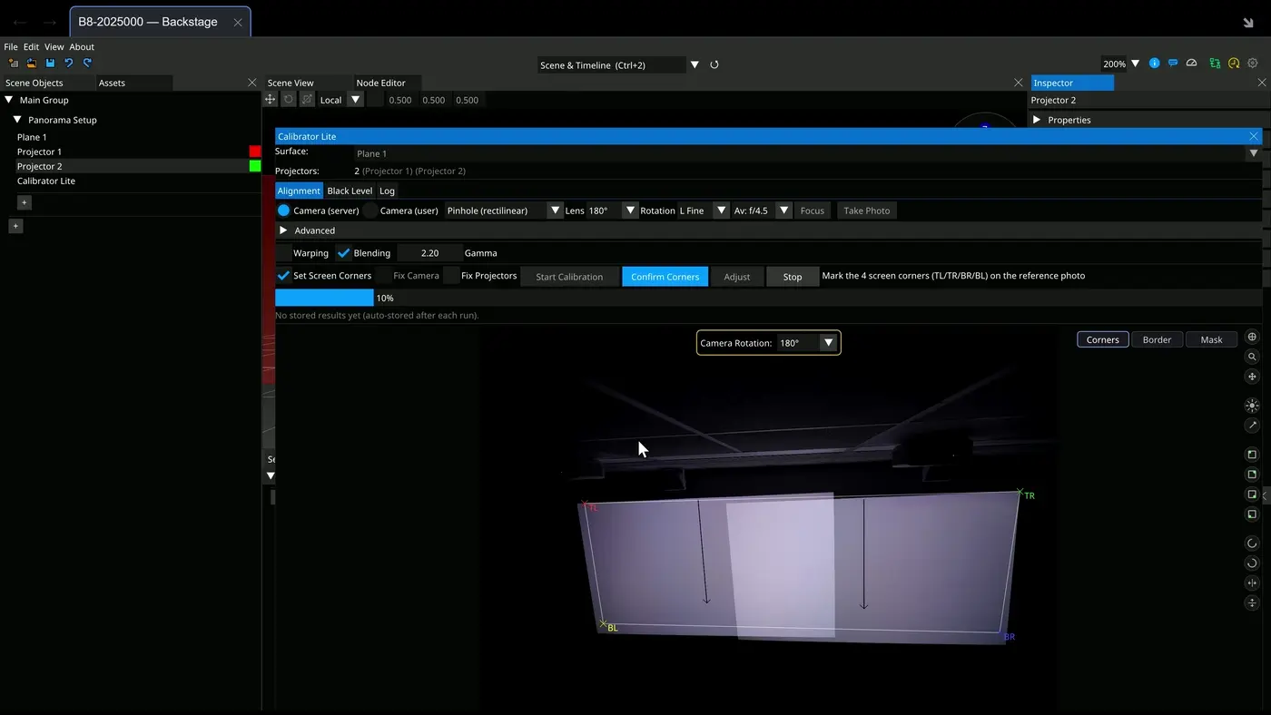 Warp, blend and black level in Backstage, with Calibrator Lite generating the projection geometry.