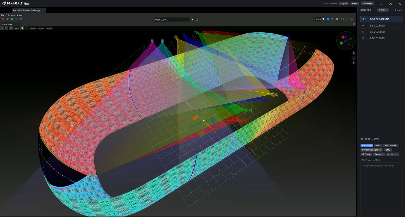 A ride tunnel in the Backstage Scene View, a continuous screen running in a long oval, with a row of projectors above it and each one shown covering its own part of the surface.