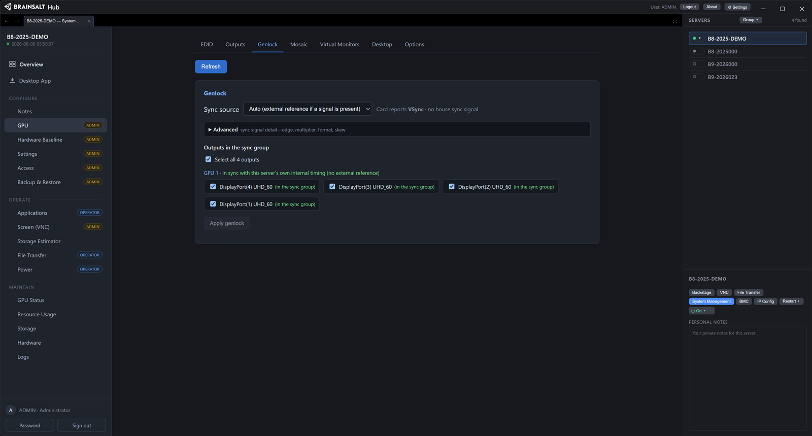 Brainsalt Hub Genlock page: sync source selection with per-output selection and lock status