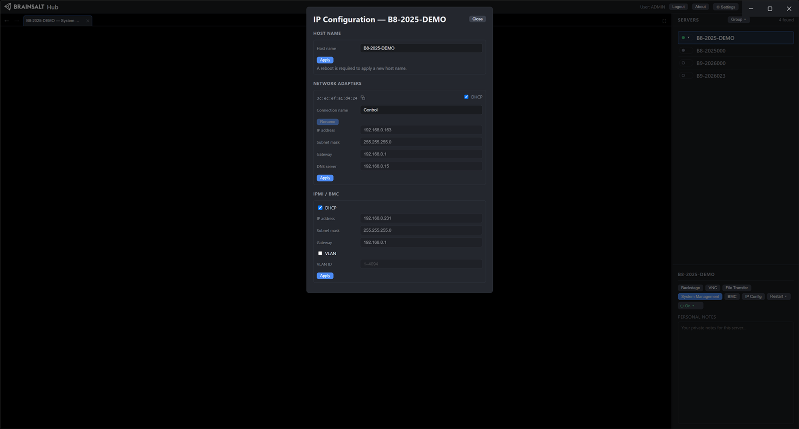 Brainsalt Hub IP Configuration: host name, adapter connection name, IP address, subnet mask, gateway and DNS server, and a separate IPMI/BMC address with VLAN tag