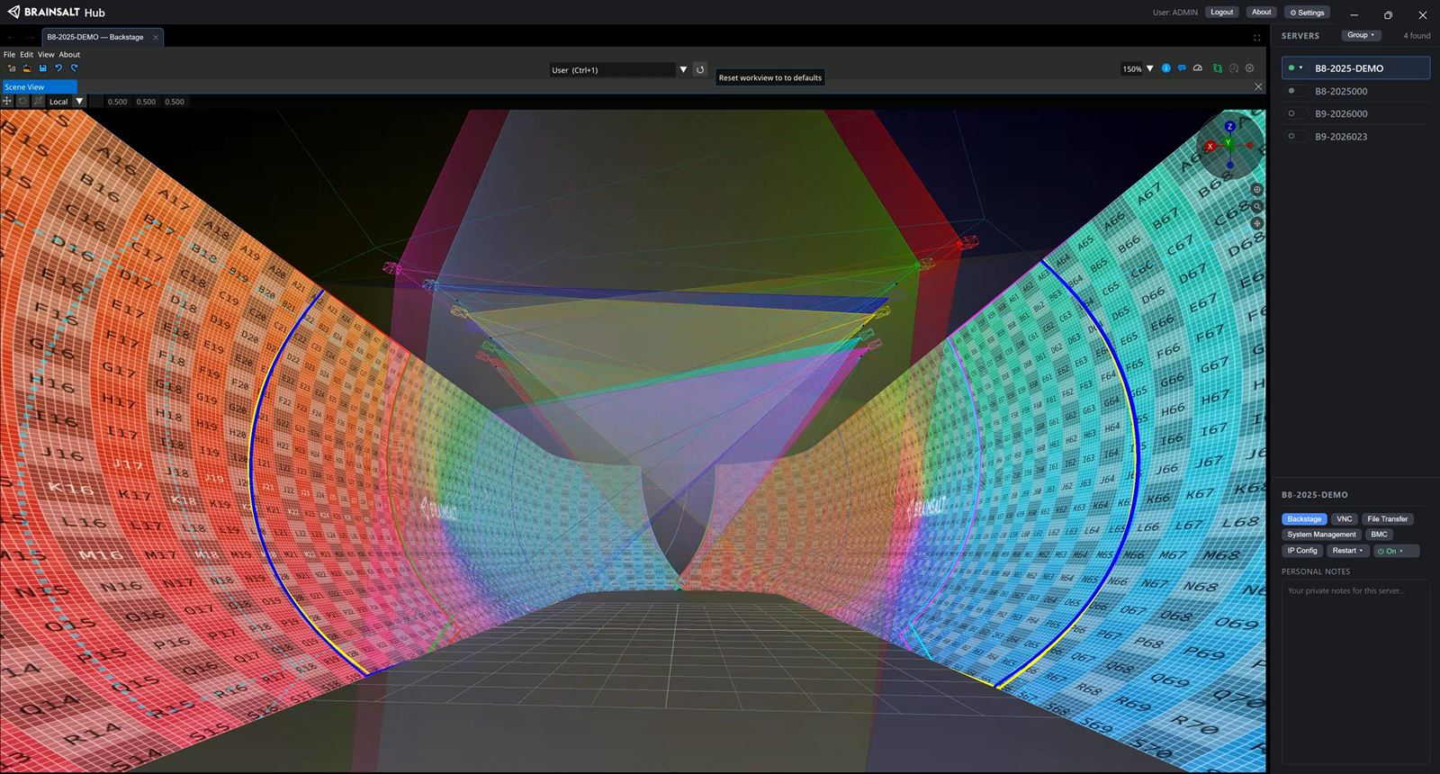 The same ride tunnel seen from within, curved screens to the left and right and projector frusta crossing overhead.