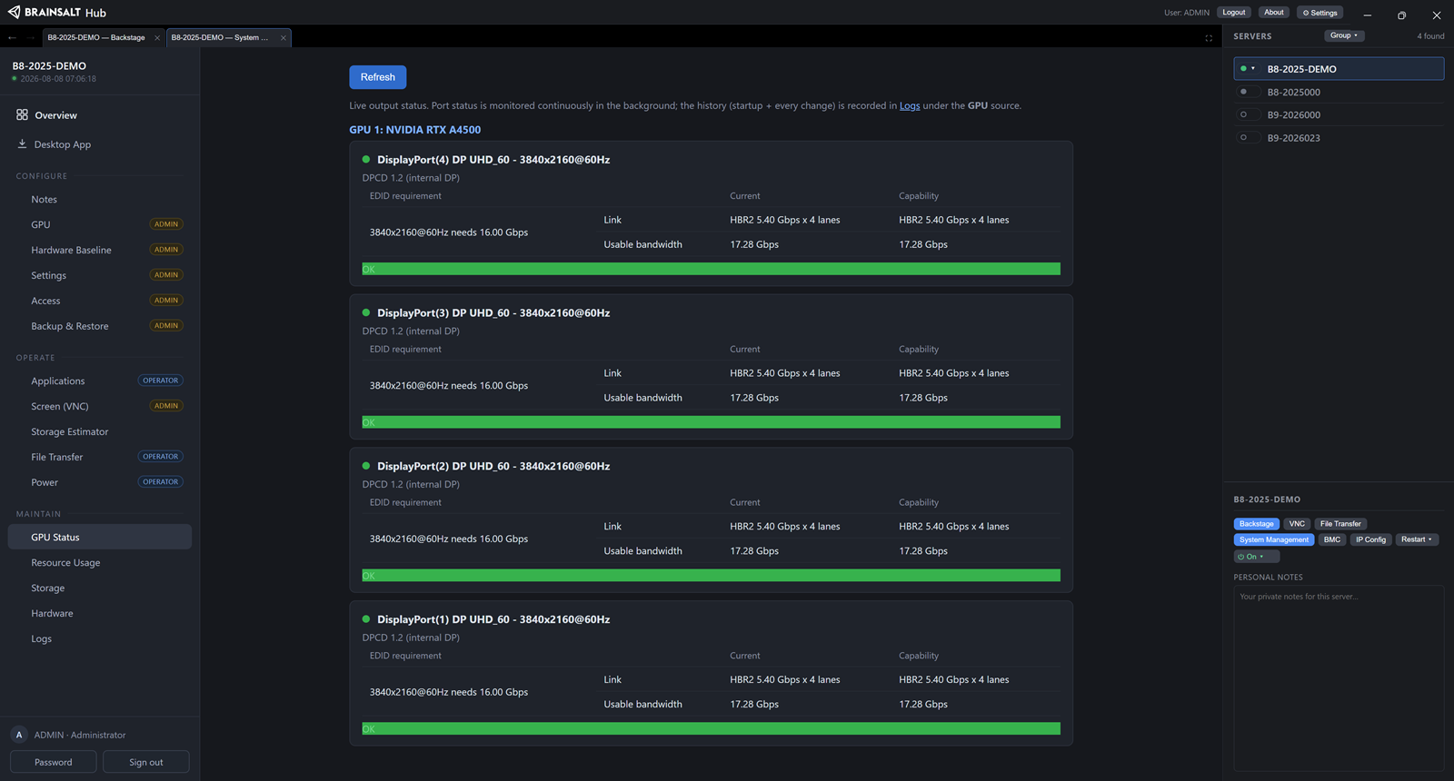 The GPU Status page in Brainsalt Hub, listing each connector with its link state and a bandwidth verdict