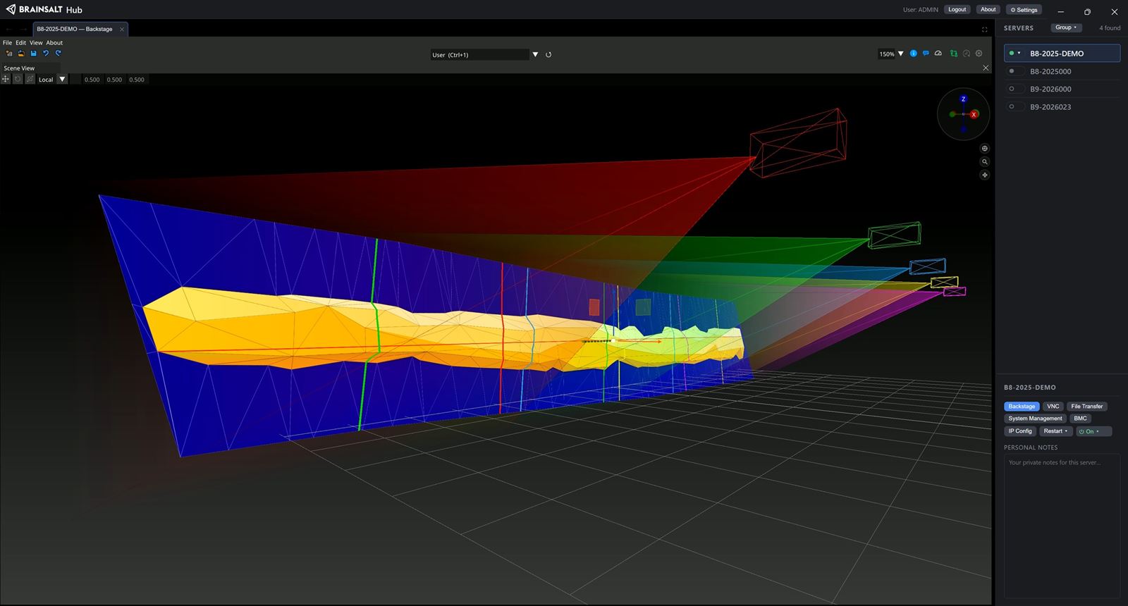 An imported terrain model in the Backstage Scene View, lit by projectors from one side, with the projection volume drawn around it.