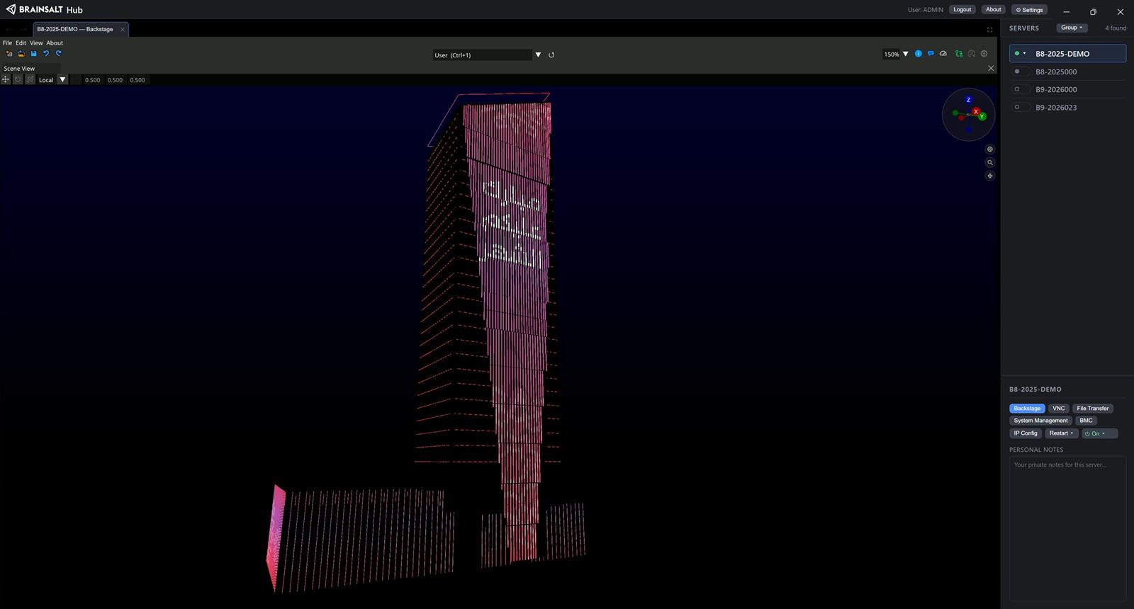 A tower in the Backstage Scene View carrying sparse LED strips down its faces, each pixel drawn as a single dot, with text running across the main face.