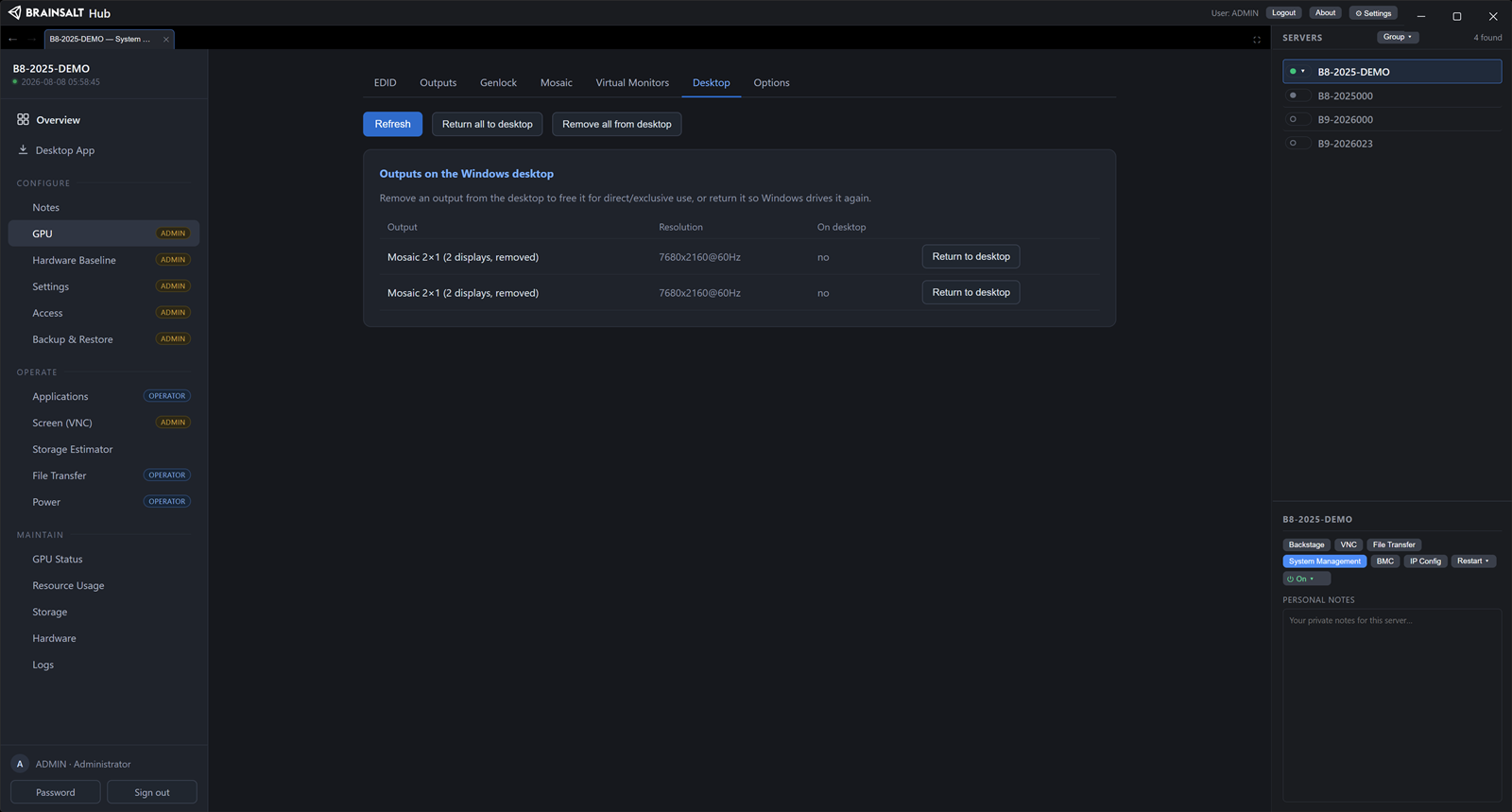The Desktop tab in Brainsalt Hub, showing which GPU outputs belong to the Windows desktop