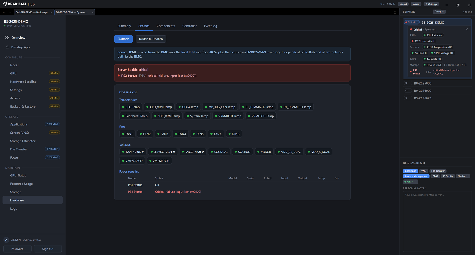 The Hardware page in Brainsalt Hub showing a power supply fault among the sensor values, with the same fault raised against that server’s entry in the server list