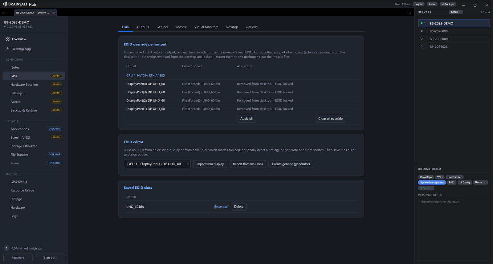 Brainsalt Hub EDID page: a saved EDID assigned to four DisplayPort outputs, with the EDID editor and saved EDID slots below