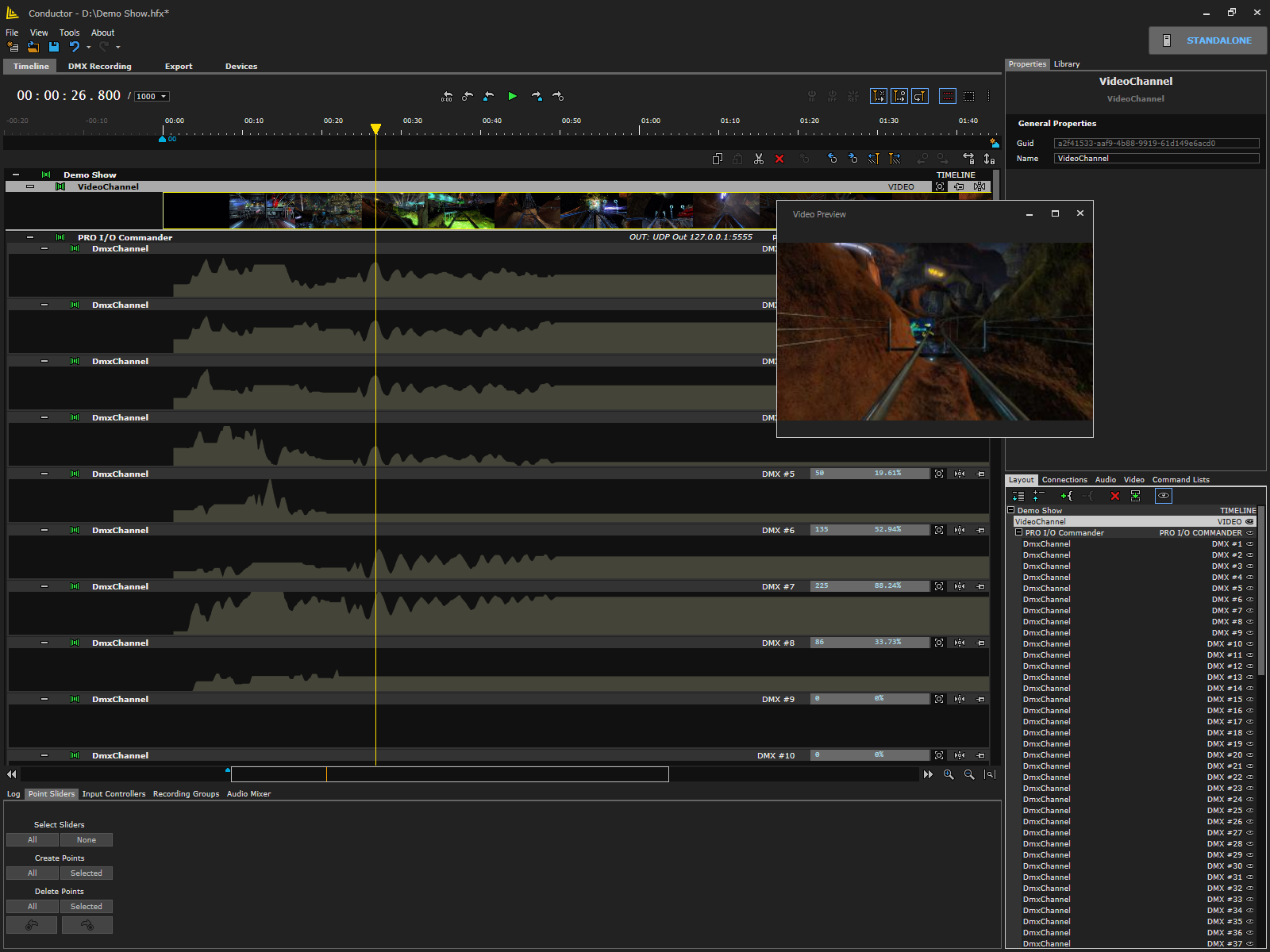 A video file imported into Conductor as an offline reference layer, with effect curves programmed against the picture
