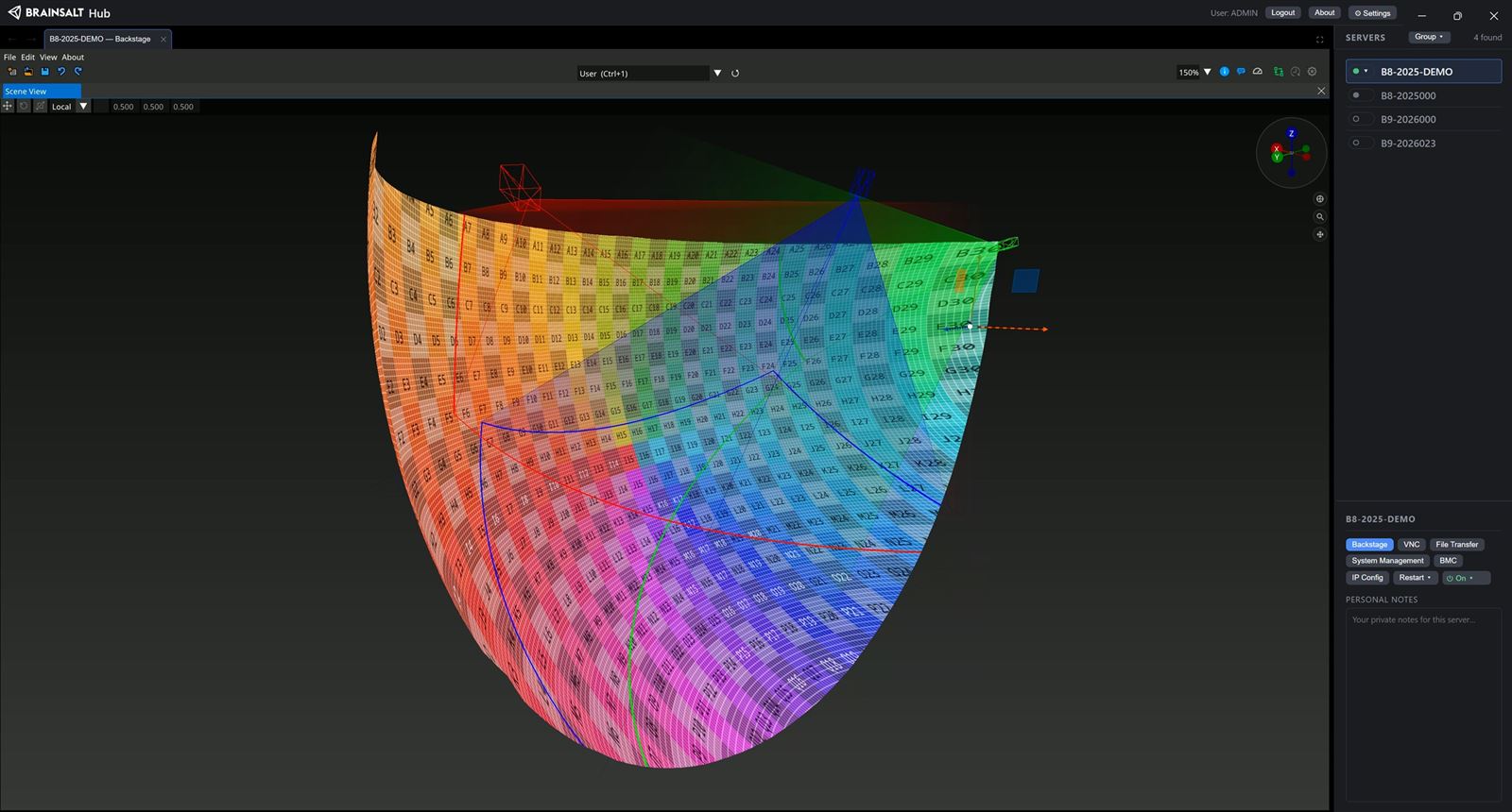 A flying theater screen in the Backstage Scene View, a tall curved surface carrying a colour test grid, with its projectors above it and outlines marking the area each one covers.
