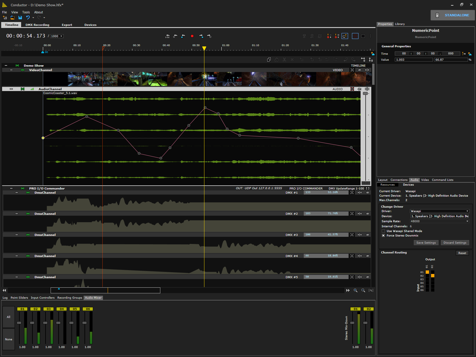 Multichannel audio in Conductor, with volume envelopes drawn as curves above the waveform displays