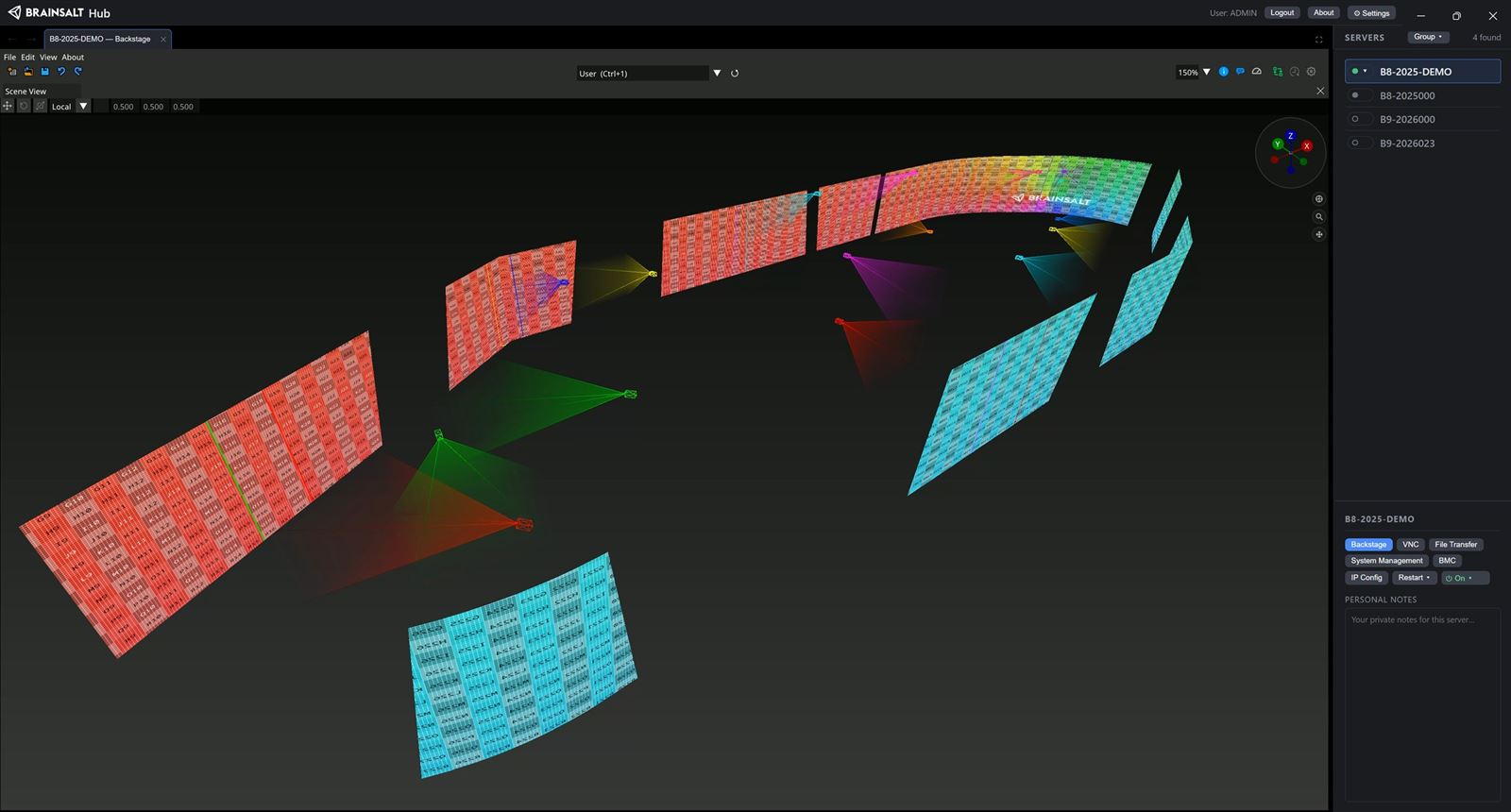 Several separate flat and curved screens arranged at different angles in the Backstage Scene View, each covered by its own projector.