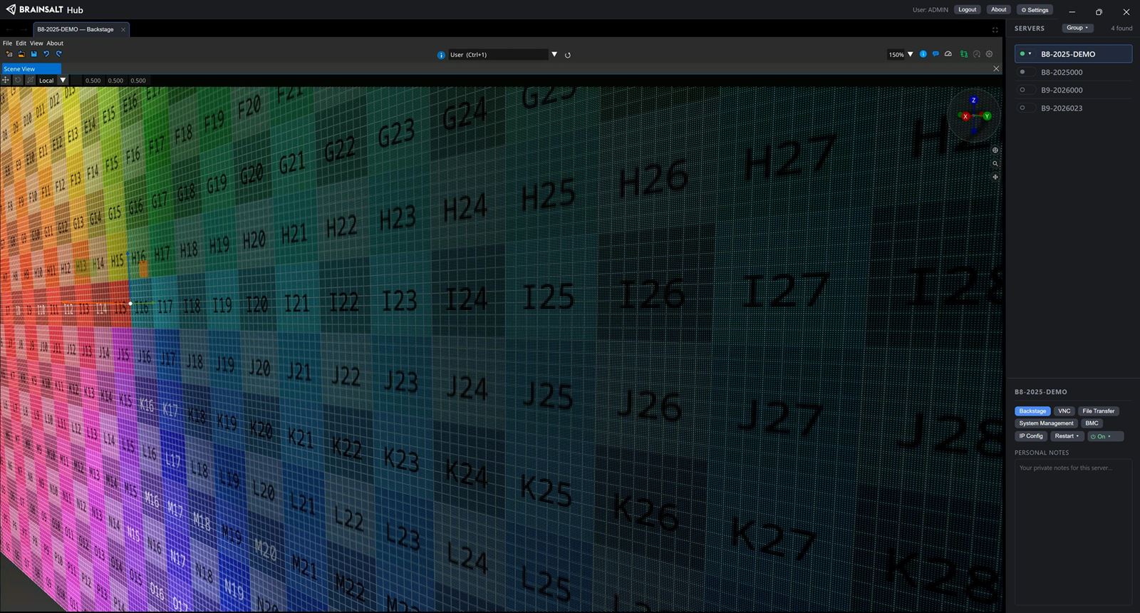 A close view of an LED wall in the Backstage Scene View, drawn as individual LED pixels so the pitch is visible across a colour test pattern.
