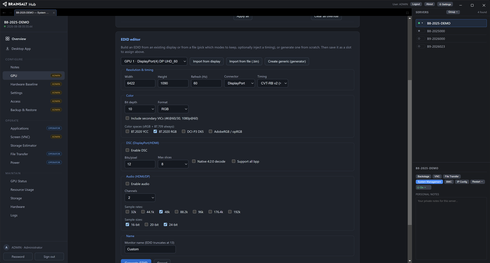 Brainsalt Hub EDID editor generating an EDID from scratch: resolution and timing, colour bit depth and format, colour spaces, DSC and audio settings