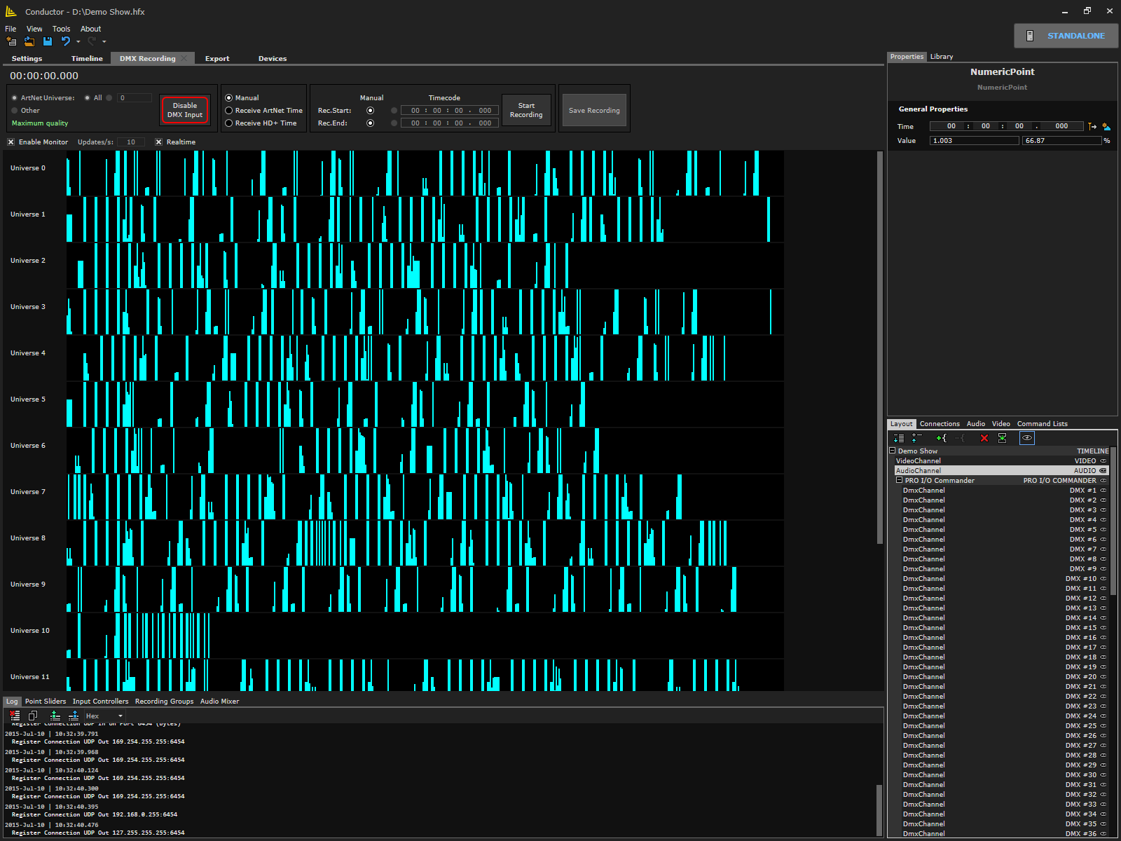 Art-Net, sACN and DMX universes being recorded in Conductor, with a live monitor of incoming channel values