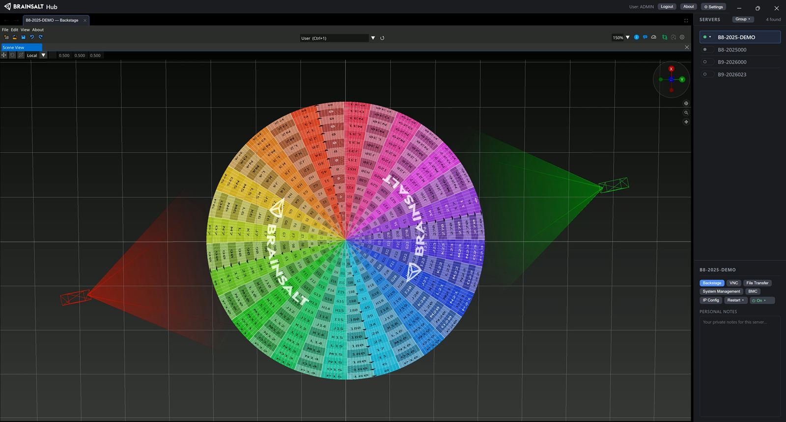 A dome in the Backstage Scene View seen from below, its surface divided into a colour test pattern, with a projector at either side.