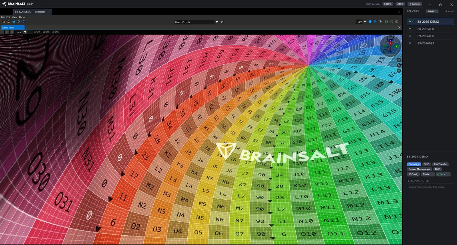 The inside of an LED dome in the Backstage Scene View, rendered as individual LED pixels over a colour test pattern.